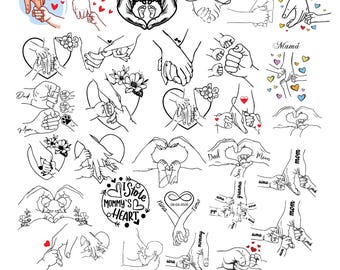 Bundle famille mains coeur Svg, ligne Svg de mains d'enfant papa maman, parent et enfant se tenant la main, Svg fête des mères, Svg amour maman, cadeau de famille