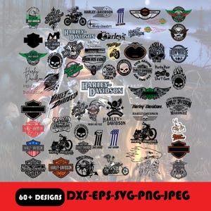 May include: A collection of Harley-Davidson themed designs, including logos, motorcycle illustrations, and text elements. The designs feature various colors and styles, with the text "60+ DESIGNS DXF-EPS-SVG-PNG-JPEG" at the bottom.