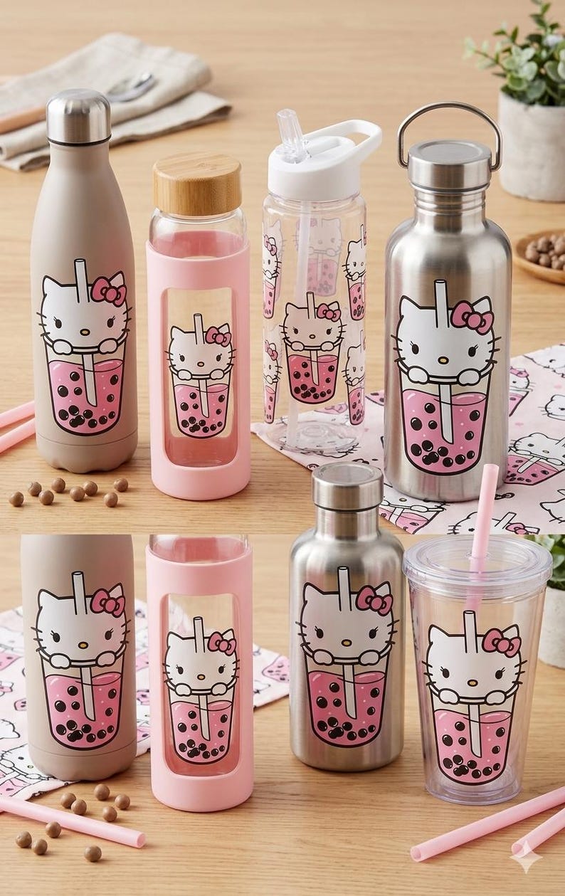May include: Collection of water bottles and tumblers featuring a Hello Kitty design with a pink boba tea graphic. The bottles are in various colors, including silver, pink, and clear, with different lid styles. Pink straws are also visible.