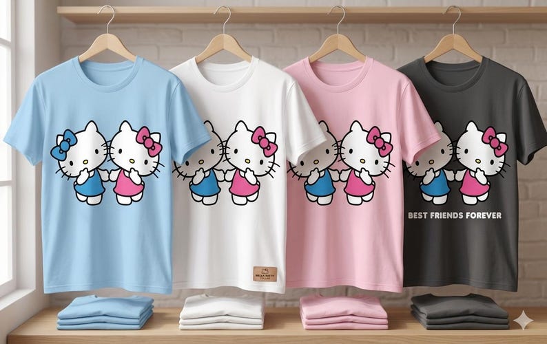 May include: Four short-sleeved t-shirts in light blue, white, pink, and charcoal gray, each featuring a graphic of two Hello Kitty characters holding hands. The charcoal shirt has the text "BEST FRIENDS FOREVER".