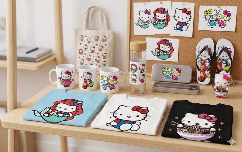 May include: A collection of Hello Kitty themed merchandise, including mugs, shirts, a tote bag, water bottle, and flip-flops. The items feature various Hello Kitty designs, including mermaid and ramen themes. The products are arranged on a wooden table.