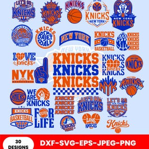 Peut inclure: Une collection de 30 designs graphiques de l'équipe de basket-ball New York Knicks en bleu et orange. Les images présentent divers logos, ballons de basket, du texte incluant 'KNICKS', 'NEW YORK', 'LET'S GO', 'BASKETBALL' et des icônes.