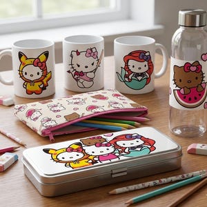 May include: A collection of Hello Kitty themed items, including white mugs, a water bottle, a pencil case, and a metal pencil box. The mugs feature different Hello Kitty designs. The pencil case and box are decorated with Hello Kitty characters and colorful pencils.