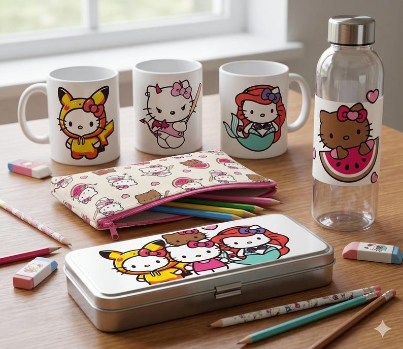 May include: A collection of Hello Kitty themed items, including white mugs, a water bottle, a pencil case, and a metal pencil box. The mugs feature different Hello Kitty designs. The pencil case and box are decorated with Hello Kitty characters and colorful pencils.
