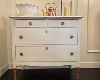 Charming English cottage/American farmhouse early 1930’s solid wood,  vintage, white, distressed chest of drawers/dresser/commode