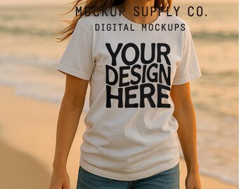 Women’s T-Shirt Mockup Canva Template | Beach Summer Digital PNG Mockup for Shirt Designs | Coastal Lifestyle Etsy Mockup Download