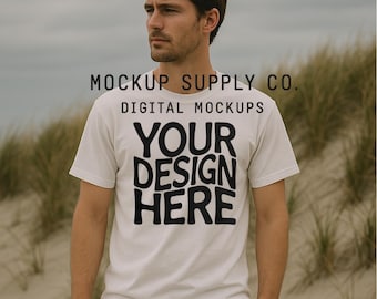 Men’s T-Shirt Mockup Canva Template | Beach Sand Dunes Lifestyle Digital PNG Mockup for Shirt Designs | Summer Coastal Mockup