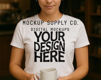 Lifestyle Coffee Shop T-Shirt Mockup, White Comfort Colors 1717 Shirt Mockup, Digital Download, Canva Template, Unisex Tee Mockups