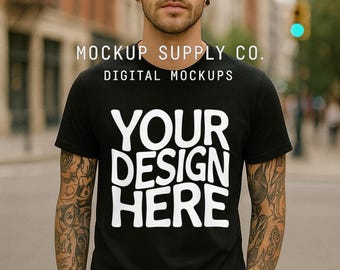 Urban Black T-Shirt Mockup, Male Model Tee Mockup, Tattooed Streetwear Shirt Template, City Lifestyle Apparel Digital File