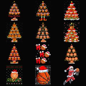 Könnte beinhalten: Eine Sammlung von Designs zum Thema Weihnachten mit Basketbällen. Die Designs umfassen Basketbälle, die als Weihnachtsbäume dekoriert sind, Basketbälle mit Weihnachtsmützen und einen Weihnachtsmann, der Basketball spielt. Der Hintergrund ist schwarz.