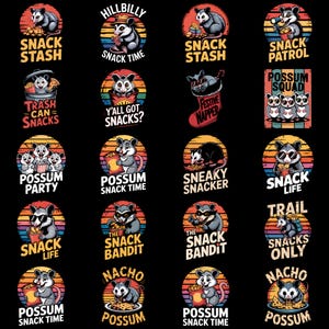 Può includere: Una collezione di venti grafiche a tema opossum su sfondo nero. Ogni design presenta un opossum con testo come "Snack Stash", "Snack Patrol" e "Possum Squad" in vari font e colori, ambientato contro un tramonto.