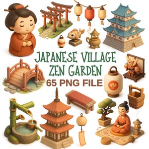 Japanese Zen Garden Clipart: Asian Village Illustration Bundle (65 PNG Files)