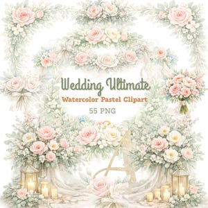 May include: Watercolor pastel clipart set featuring floral arrangements, bouquets, and decorative elements. The design includes pink and white roses, greenery, and the text "Wedding Ultimate Watercolor Pastel Clipart 55 PNG".