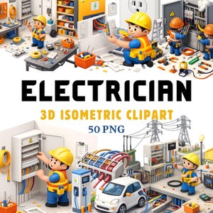 Puede incluir: Un colorido conjunto de imágenes prediseñadas isométricas en 3D que muestra a electricistas de dibujos animados trabajando con paneles eléctricos, cables y herramientas. La imagen incluye el texto "ELECTRICIAN 3D ISOMETRIC CLIPART 50 PNG".