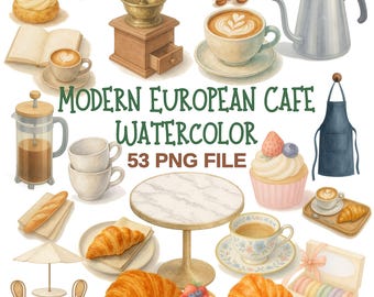 Watercolor European Cafe Clipart – Coffee, Croissant, Pastry PNG Set (Digital Download)