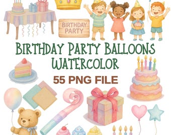 Watercolor Birthday Clipart Bundle | Party PNG Files for Kids, Balloons, Cake, Gifts, Cupcakes & Decorations