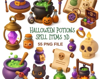 3D Halloween Potions Clipart: Häxkonst PNG-paket (digital nedladdning)