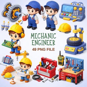 May include: A collection of cartoon mechanic engineer graphics. The image includes cartoon figures, tools, and equipment such as wrenches, toolboxes, and a control panel. The text "MECHANIC ENGINEER 49 PNG FILE" is also present.