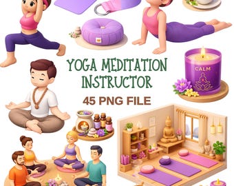 Clipart de yoga y meditación: 45 archivos PNG para proyectos de bienestar, planificadores, instructores y espacios de tranquilidad.