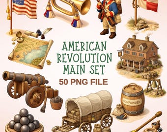Conjunto de imágenes prediseñadas de la Revolución Americana: Soldados coloniales y cañones (50 PNG)