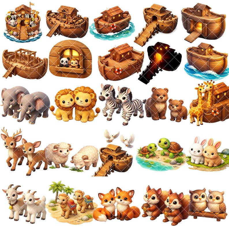 Turtle Rabbit Squirrel Sheep Noahs Ark 3D Clipart Bundle - 55 Cute Animal PNG Files for Bible Crafts ...