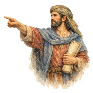 May include: A watercolour illustration of a bearded person wearing a tan head wrap and layered robes in shades of blue and rust. The figure is pointing with their right hand towards the left whilst holding a rolled parchment scroll in their left arm.