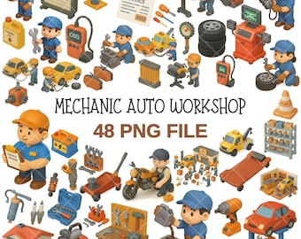 Mechanic Workshop PNG Bundle | 48 Auto Repair Clipart Files | Tools, Cars, Garage, Technicians | Digital Download