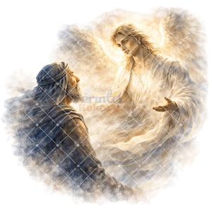May include: A watercolour illustration depicting an angel and a person. The angel, in a white robe, has large wings and a halo. The person, in a dark robe and head covering, looks up at the angel.