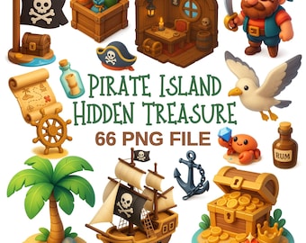Pirate Island Clipart Set | 3D Pirate Ship & Treasure (66 PNG Files)