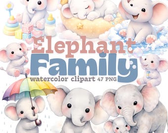Elephant Family Watercolor Clipart – 47 PNG Baby Elephant Graphics, Jungle Nursery Animals, Digital Download for Kids Art & Crafts