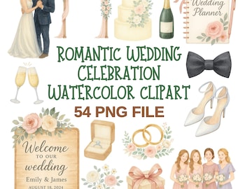 Paquete de imágenes prediseñadas de boda romántica / PNG de boda en acuarela: Novia, novio, flores, anillos, pastel, arco, decoración