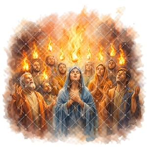 Könnte beinhalten: Aquarellillustration einer religiösen Szene mit nach oben blickenden Figuren. Flammen sind über den Figuren dargestellt. Die Figuren tragen Gewänder in Blau-, Orange- und Brauntönen. Der Hintergrund ist ein rauchiger Aquarelleffekt.