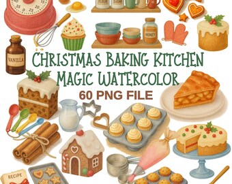 Christmas Baking Watercolor Clipart | Holiday Kitchen PNG Set (60 Files)