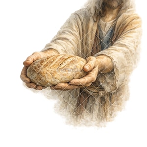Könnte beinhalten: Aquarellillustration einer Person, die ein Brot hält. Das Brot ist goldbraun mit strukturierten Linien. Die Person trägt eine hellfarbige Robe. Das Bild hat einen weichen, künstlerischen Stil.