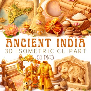 May include: A selection of 3D isometric clipart elements with an Ancient India theme. The image includes a map, bell, turban, lotus flowers, and other cultural items. The text "ANCIENT INDIA" and "3D ISOMETRIC CLIPART" are displayed.