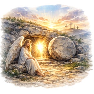 May include: A watercolour painting depicting an angel with white wings seated near a tomb with a bright light. The scene includes a large stone, three crosses on a distant hill, and a sunrise in the background.