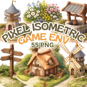 May include: A digital illustration featuring pixel art game environment elements. The image includes a tower, well, signpost, house, windmill, and flower bed. The text "PIXEL ISOMETRIC GAME ENV 55 PNG" is displayed in the center.