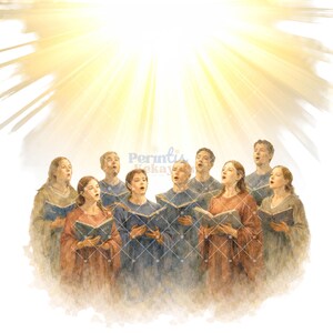 Op de afbeelding: Een aquarel illustratie van een koor dat zingt, badend in gouden licht. De koorleden, gekleed in blauwe en roestkleurige gewaden, houden open boeken vast. De afbeelding heeft een zachte, etherische kwaliteit.