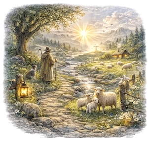 May include: A picturesque scene of a shepherd in a long coat with a staff, a dog, and sheep. A stone path leads to a cross on a hill, with a stream, trees, and a setting sun. A lantern hangs on a wooden post.