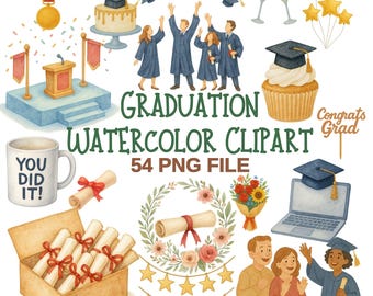 Akvarell clipart-paket för examen - Klass 2025 PNG - Diplom, mössa, examensfestdekor
