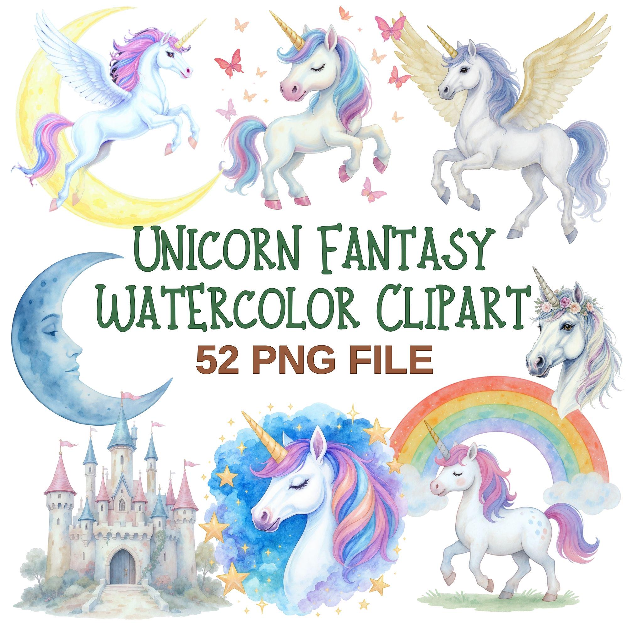 Unicorn Fantasy Watercolor Clipart – 52 PNG Magical Creatures, Castle ...