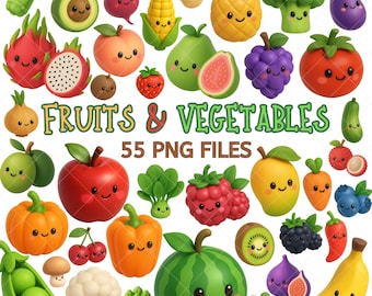 Clipart de frutas y verduras kawaii: 55 divertidos gráficos PNG de comida (archivos digitales)