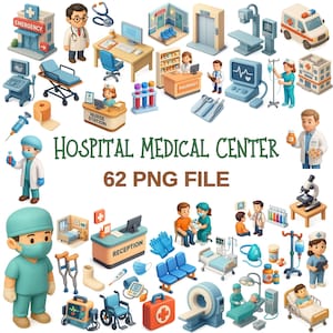 Puede incluir: Conjunto de ilustraciones de estilo caricatura que representan elementos hospitalarios. Incluye personal médico, sala de emergencias, farmacia, camas de pacientes, equipos médicos y el texto "HOSPITAL MEDICAL CENTER 62 PNG FILE".
