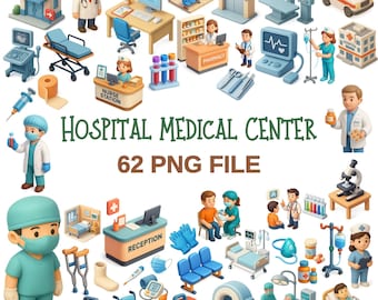 Conjunto de imágenes prediseñadas médicas / Iconos PNG 3D de médico, enfermera y hospital (62 archivos)