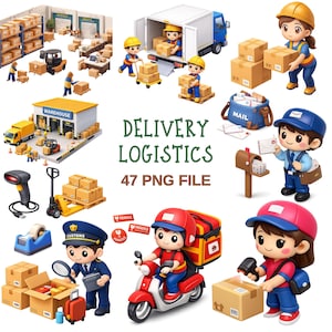 May include: A collection of illustrations depicting delivery logistics. The image includes warehouse scenes, delivery trucks, and characters handling packages. Text on the image reads "DELIVERY LOGISTICS 47 PNG FILE."