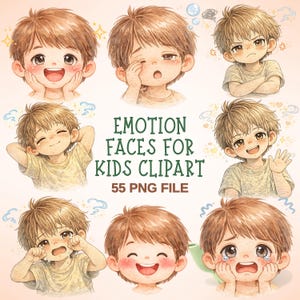 May include: Watercolor clipart featuring a variety of cartoon boy faces expressing different emotions. The image includes faces showing happiness, sadness, anger, and other feelings. Text on the image reads "EMOTION FACES FOR KIDS CLIPART" and "55 PNG FILE."