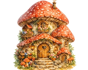 May include: Watercolor illustration of a whimsical mushroom house with a red and white spotted cap roof. The house features a wooden door with a heart-shaped cutout, stone steps, and flower boxes. A chimney emits a wisp of smoke.