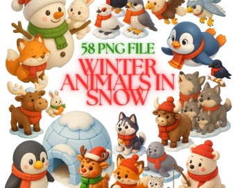 Winter Tier Clipart Set, Aquarell Schnee PNG Bundle (58 Dateien)