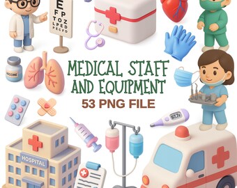 Paquete PNG de personal y equipo médico / 53 lindos archivos de imágenes prediseñadas médicas / Hospital, Enfermera, Doctor, Herramientas / Descarga digital
