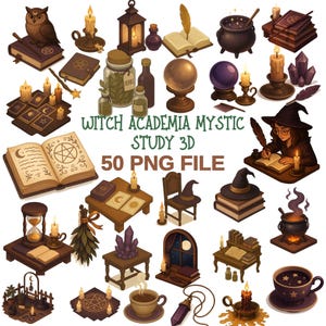 May include: A collection of isometric illustrations featuring witchy and mystical items. Includes spell books, candles, potion bottles, a crystal ball, a cauldron, a witch's hat, and an owl. The text "Witch Academia Mystic Study 3D 50 PNG FILE" is also present.